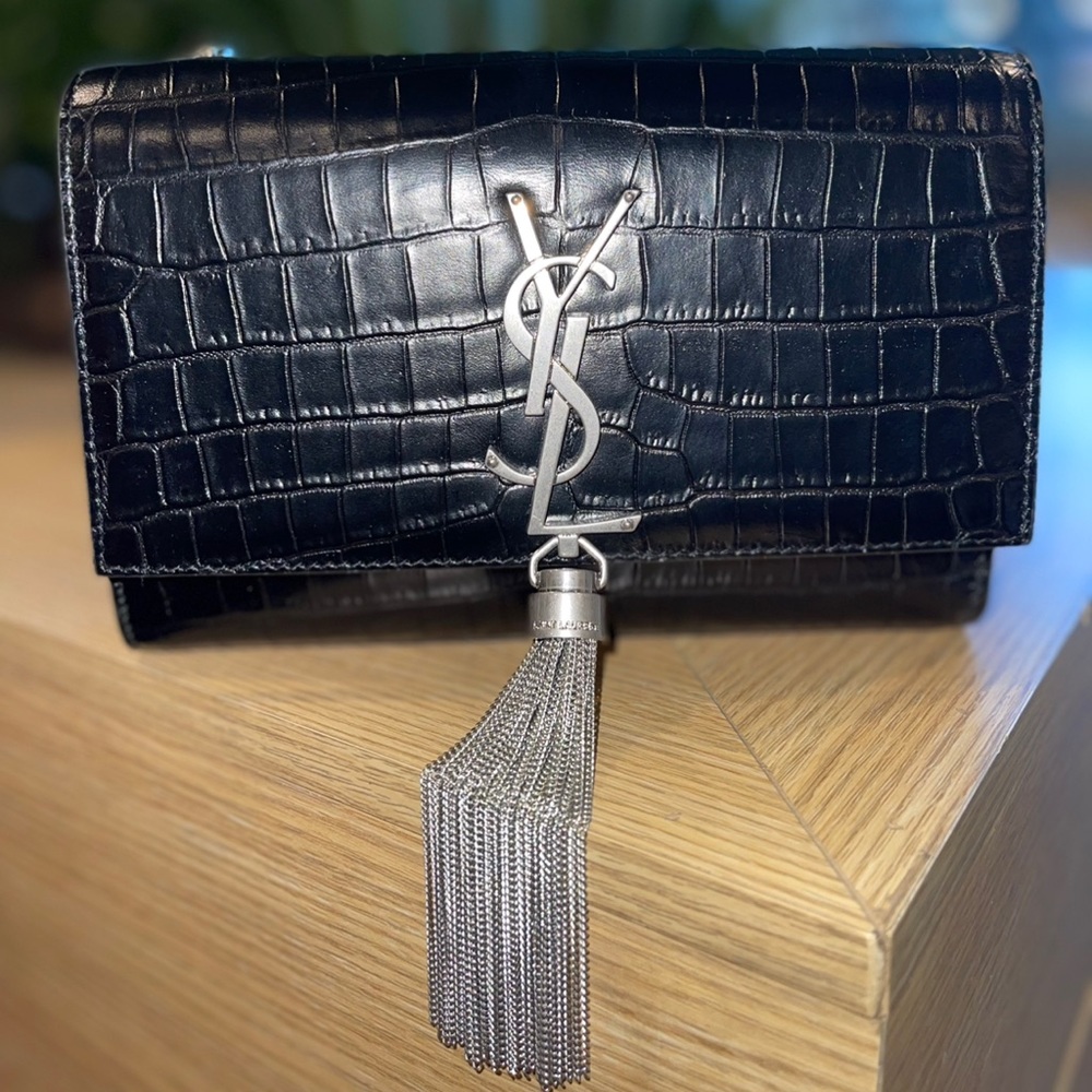 Saint Laurent Kate Embossed Leather Shoulder Bag with Tassel